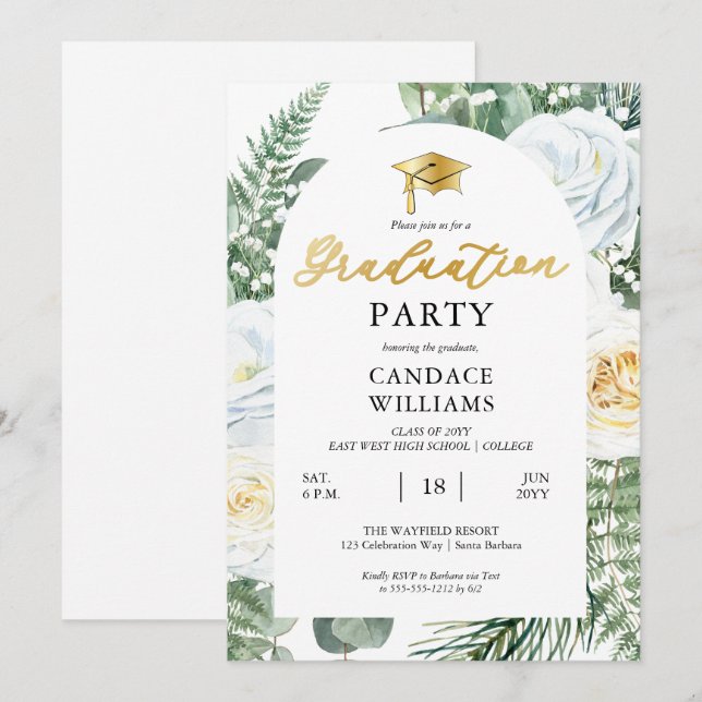Invitation White Roses Floral Frame Party (Devant / Derrière)