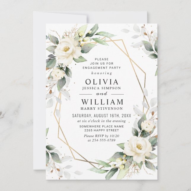 Invitation White Roses Green Fête d'engagement Floral (Devant)