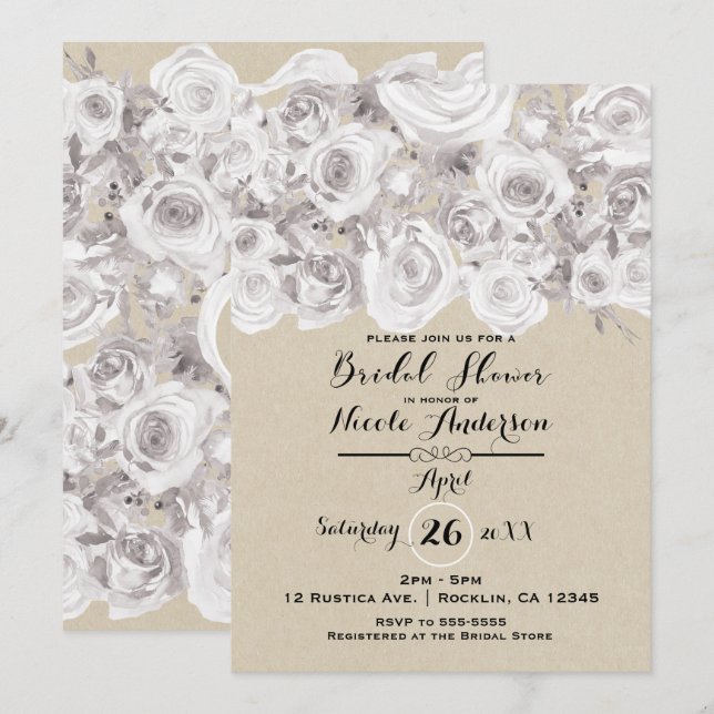 Invitation White Rustic Winter Roses Fête des mariées Kraft (Devant / Derrière)