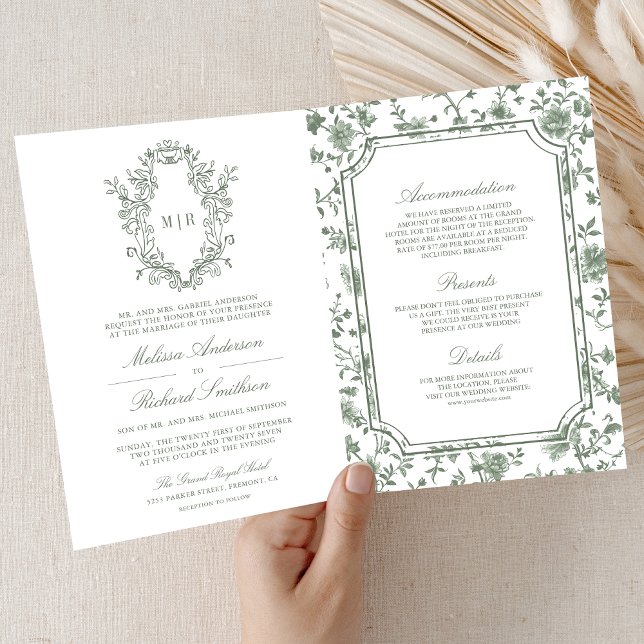 Invitation White Sage Green Chinoiserie Crest QR Code Wedding (Créateur téléchargé)
