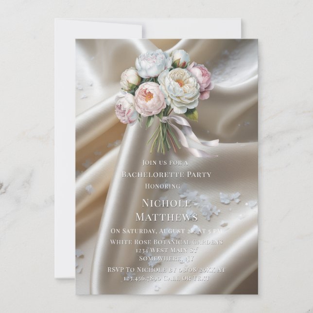 Invitation White Satin Roses and Peony Bachelorette Party (Devant)