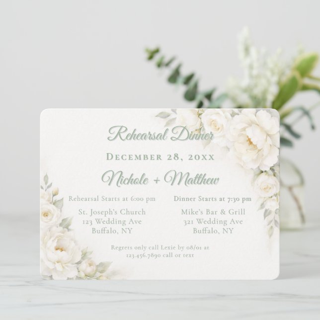 Invitation White Satin Roses Wedding Rehearsal Dinner (Debout devant)