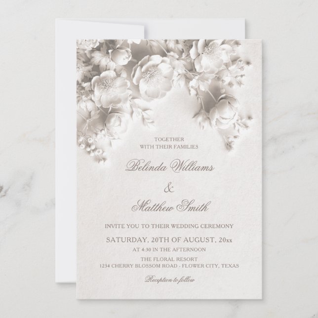 Invitation White Sculptured Flowers 3D Roses Wedding (Devant)