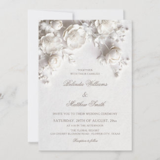 Invitation White Sculptured Flowers 3D Roses Wedding Invitati
