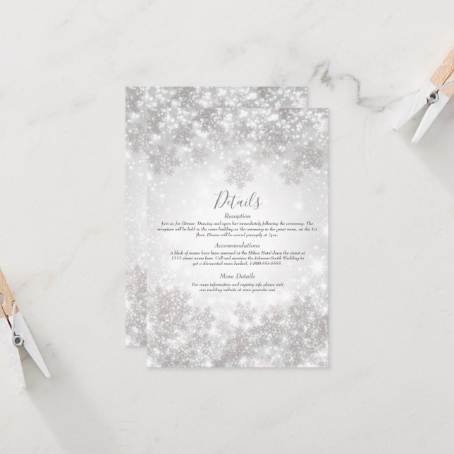 Invitation White Snowflakes Winter Wonderland Détails du Mari (Devant/Arrière en situation)