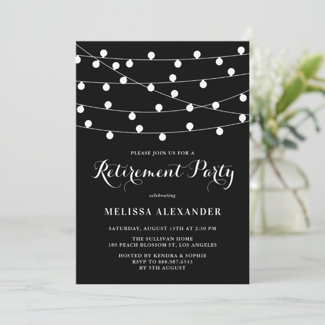 Invitation White String Lights Black Retirement Party (Debout devant)