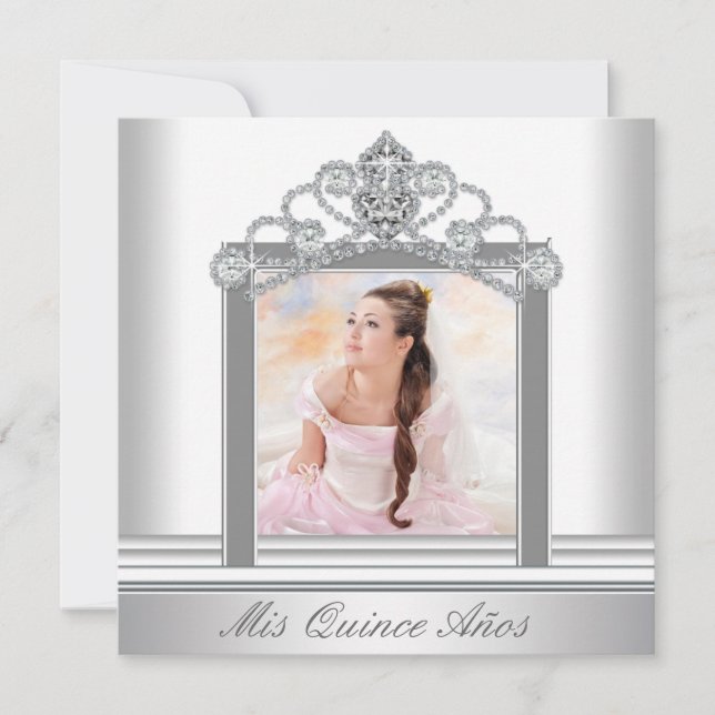 Invitation White Tiara White Photo Sweet Quinceanera (Devant)