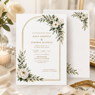 Invitation White Watercolor Florals Sage Greenery Gold Arch