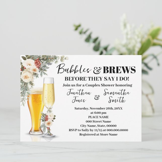 Invitation White Winter Floral Bubbles & Brews Bridal Shower (Debout devant)