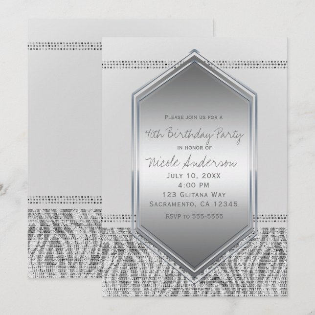 Invitation White Zebra Silver Glam Anniversaire Tous les évén (Devant / Derrière)