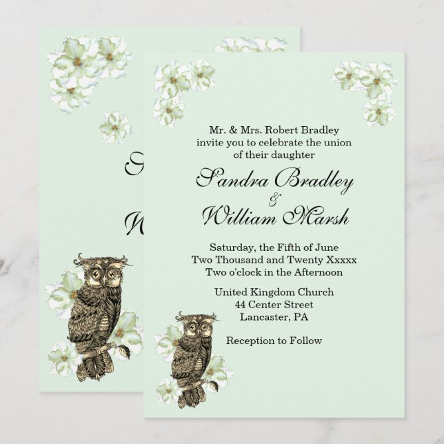 Invitation Whoo se marie Gold Owl Flowers Mint Green (Devant / Derrière)