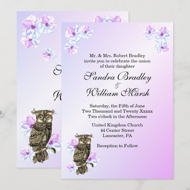 Invitation Whoos Se Marier Purple Owl Mariage (Devant / Derrière)