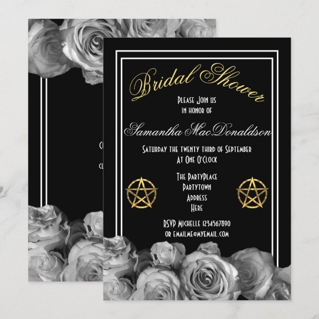 Invitation Wiccan pentacle noir floral nuptiale (Devant / Derrière)