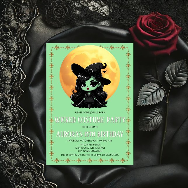 Invitation Wicked Witch Costume Party (Cute wicked little green witch and moon party invitation front view.)