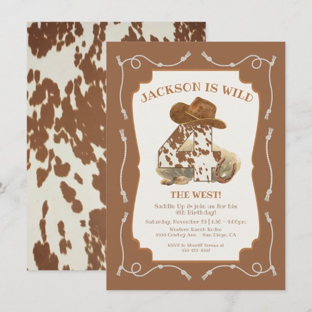 Invitation Wild 4 West Western Cowboy fête d'anniversaire (Devant / Derrière)