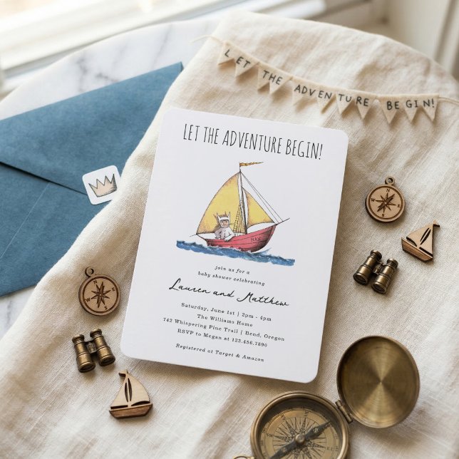 Invitation Wild Adventure Baby Shower Sailboat (Invitation simulated on table)