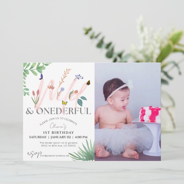 Invitation Wild and Onederful fleur sauvage photo 1er anniver (Debout devant)