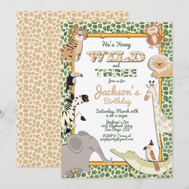 Invitation Wild and Three Jungle Safari fête d'anniversaire (Devant / Derrière)