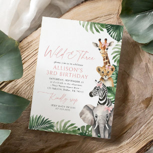 Invitation Wild and Three Safari Animals Girl 3e anniversaire