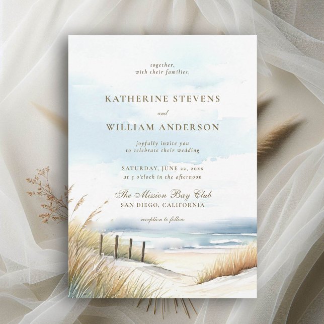 Invitation Wild Beach Fence Ocean Grass Art Mariage élégant (wild beach wedding invitation dreamy watercolor ocean fence grass nature formal modern classic)