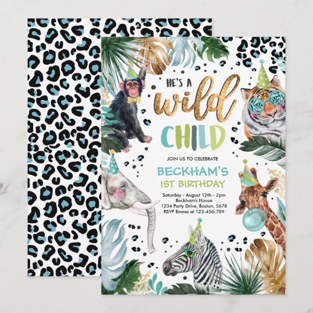 Invitation Wild Child Boy Safari Animaux Anniversaire (Devant / Derrière)