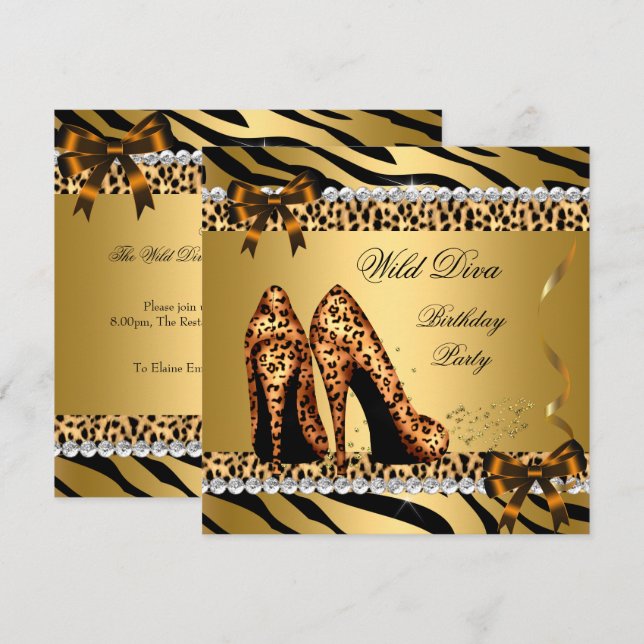 Invitation Wild Diva Leopard Zebra Hi Heels Anniversaire Part (Devant / Derrière)
