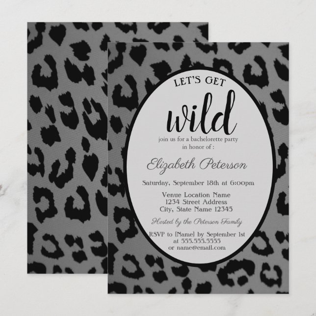 Invitation Wild, Empreinte de léopard gris Bachelorette (Devant / Derrière)
