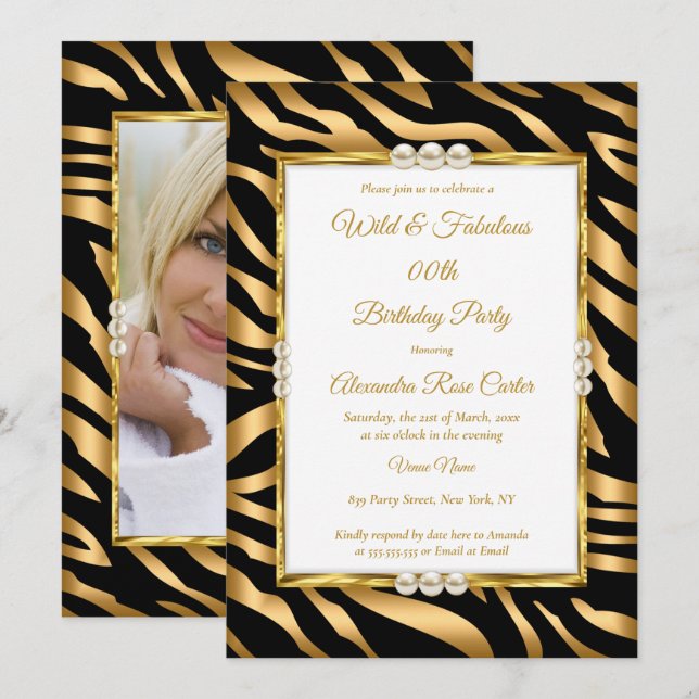 Invitation Wild & fabuleux Gold Black zèbre photo Anniversair (Devant / Derrière)