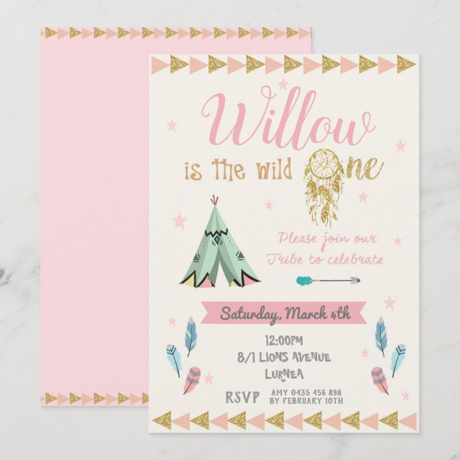 Invitation Wild One 1er anniversaire fête fille Tribal Pink G (Devant / Derrière)