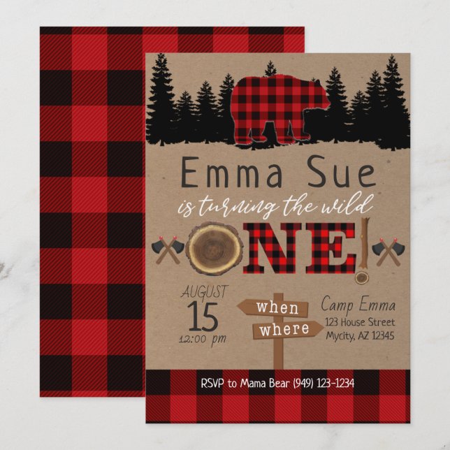 Invitation Wild One 1er anniversaire Flannel Little Bear Anni (Devant / Derrière)