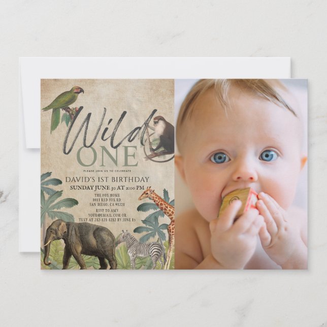 Invitation Wild One African Safari Animaux Photo 1er annivers (Devant)