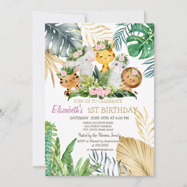 Invitation Wild One Animaux Fleurs Tropical 1er anniversaire (Devant)