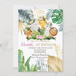 Invitation Wild One Animaux Fleurs Tropical 1er anniversaire
