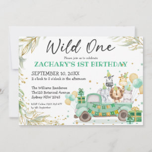 Invitation Wild One Animaux Verdure Gold Safari 1er anniversa
