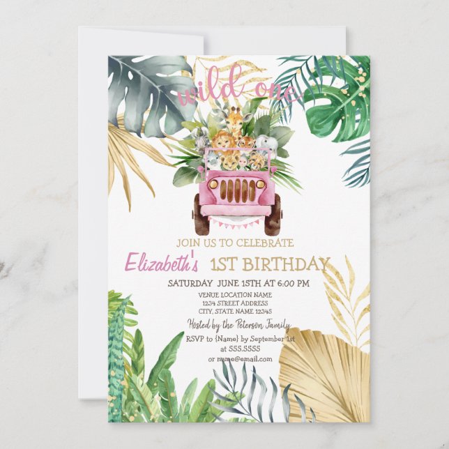 Invitation Wild One Animaux Voiture, Feuilles tropicaux 1er a (Devant)