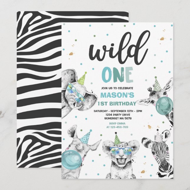 Invitation Wild One Anniversaire Gold Safari Jungle Animation (Devant / Derrière)