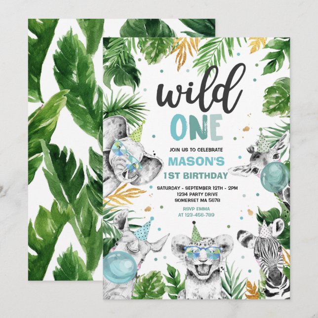 Invitation Wild One Anniversaire Gold Safari Jungle Animation (Devant / Derrière)