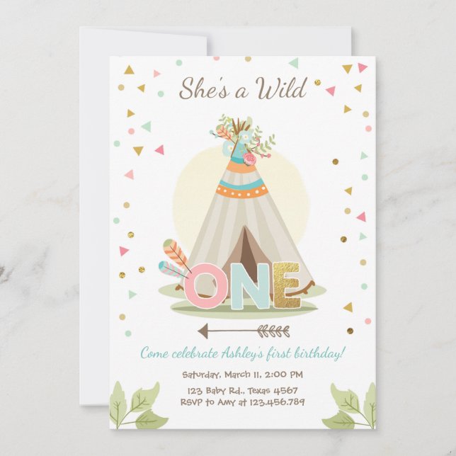 Invitation Wild One anniversaire Teepee Boho Girl (Devant)