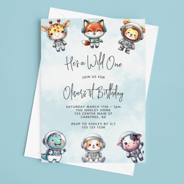 Invitation Wild One Baby Animal Astronauts 1er anniversaire (Créateur téléchargé)