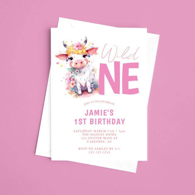 Invitation Wild One Baby Cow rose 1er anniversaire (Créateur téléchargé)