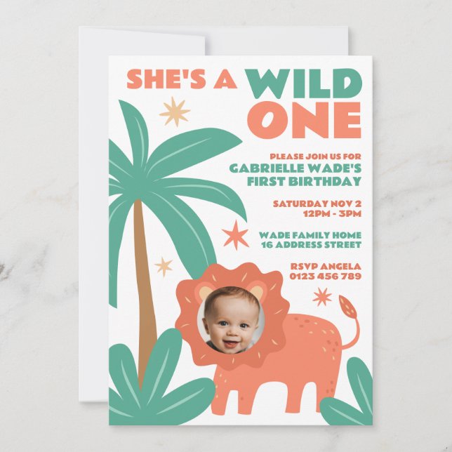Invitation Wild One Baby Girl Jungle Photo 1er anniversaire (Devant)