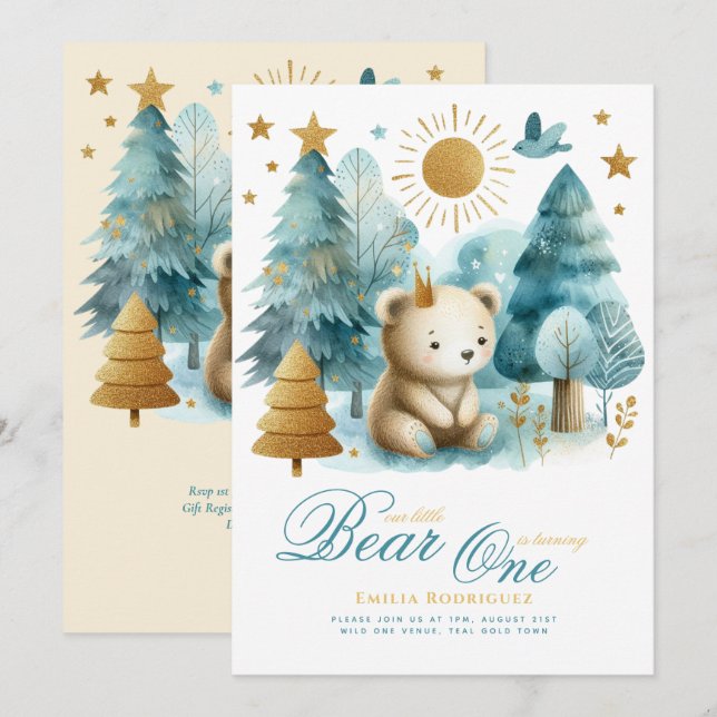Invitation Wild One Bear 1er anniversaire (ou EDIT AGE) Or Tu (Devant / Derrière)