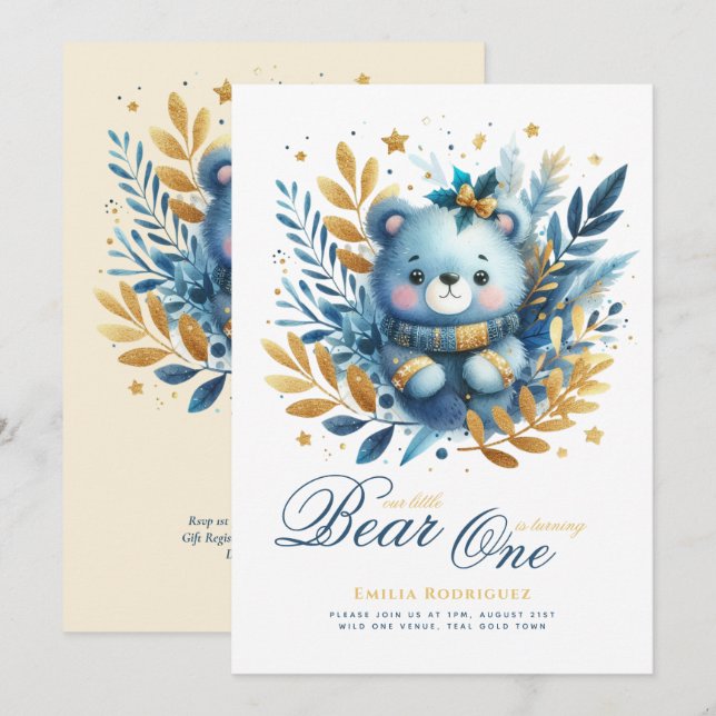 Invitation Wild One Bear 1er anniversaire (ou EDIT AGE) Or Tu (Devant / Derrière)