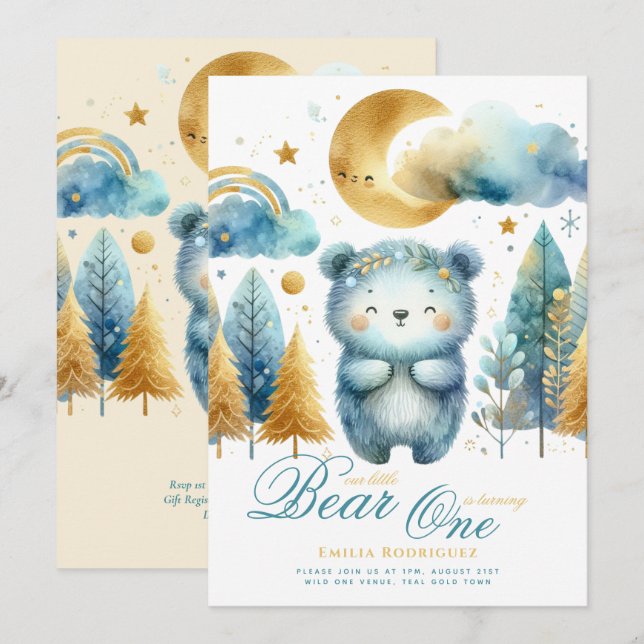 Invitation Wild One Bear 1er anniversaire (ou EDIT AGE) Or Tu (Devant / Derrière)