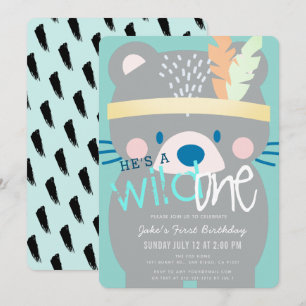 Invitation Wild One Bear Boy 1er anniversaire Turquoise