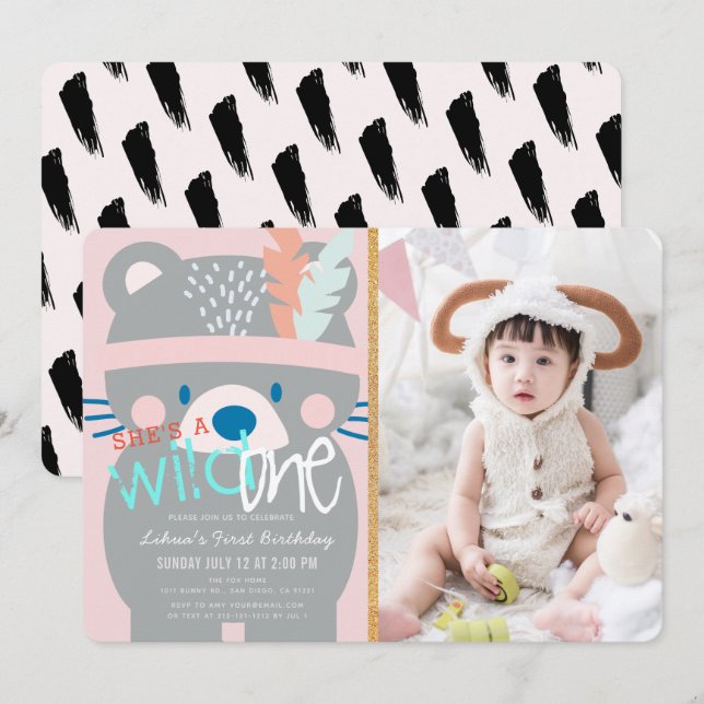 Invitation Wild One Bear Feather Girl rose Photo 1er annivers (Devant / Derrière)