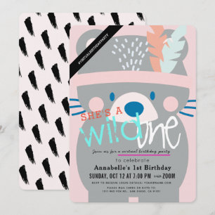 Invitation Wild One Bear Girl Pink Virtual 1er Anniversaire