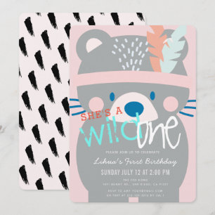 Invitation Wild One Bear Girl rose 1er anniversaire