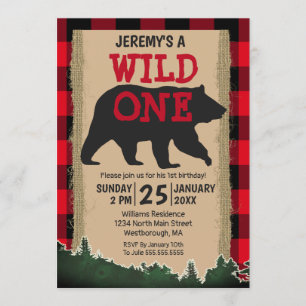 Invitation Wild One Bear Red Buffalo Plaid 1er Anniversaire