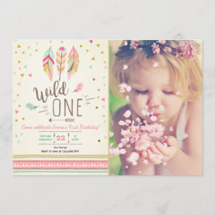 Invitation Wild one Birthday Girl Rose Gold 1st Boho Feathers